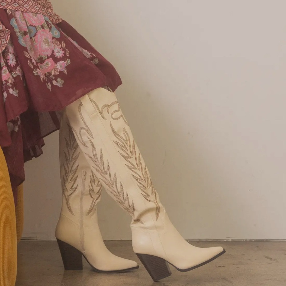 Cream Embroidered Western Knee-High Heeled Boots